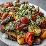 Colorful medley of eggplant, zucchini, bell peppers, and tomatoes seasoned with oregano and lemon.