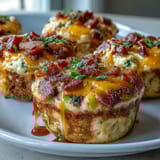 A close-up of savory Breakfast Egg Muffins stuffed with colorful bell peppers and crumbled bacon. 