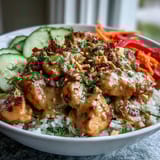 Golden, sautéed chicken and crisp vegetables sit atop fluffy coconut rice, ready for a spicy-creamy peanut sauce drizzle in this Thai Peanut Chicken Bowl.