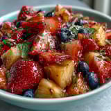 Bright strawberry lemonade fruit salad with juicy berries, tropical pineapple, and a tangy citrus glaze, perfect for a summer picnic.