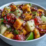 Vibrant fruit cups featuring ripe mango, pineapple, and watermelon with a spicy lime-chili kick, perfect for summer snacking.  