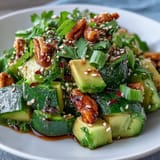 Crisp smashed cucumber avocado salad featuring creamy avocado and nutty sesame dressing blend.