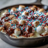 Melted chocolate topped with golden toasted marshmallows for the 4th of July S'mores Dip.