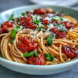 Warm cherry tomato confit pasta with fragrant garlic oil, a perfect Italian meal.
