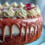 Delicate pink velvet cake with rosé wine, finished with luxurious gold drizzle.