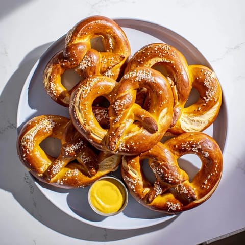 Warm Soft Pretzels with a chewy crumb, perfect for snacking or sharing at a German-American beer garden.