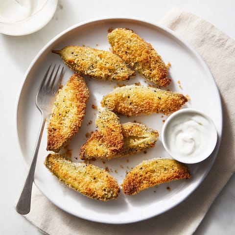 A hand dipping a crispy Fried Pickle spear into creamy ranch dressing next to a basket of golden-fried pickles.