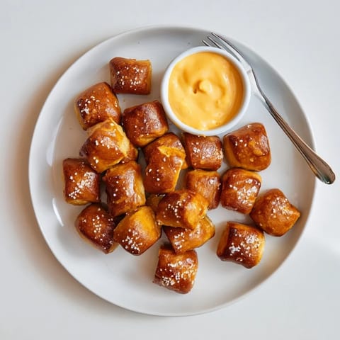 Melted cheddar and mozzarella cheese dip in a small bowl, paired with freshly baked pretzel bites.