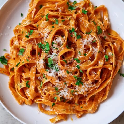A close-up of Sriracha Honey Pasta in a skillet, featuring golden noodles coated in a glossy, spicy-sweet sauce.  
