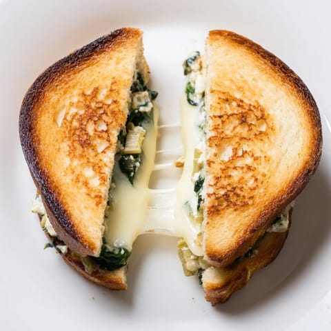 Golden spinach artichoke grilled cheese halves sit beside a warm bowl of tomato soup.