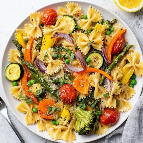 Bright, colorful bow-tie pasta primavera is tossed with fresh spring vegetables like asparagus and cherry tomatoes in a light garlic lemon sauce.