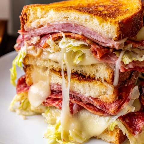 Italian Sub Grilled Cheese sandwich on a plate with shredded iceberg lettuce topping, ready to serve for lunch.  