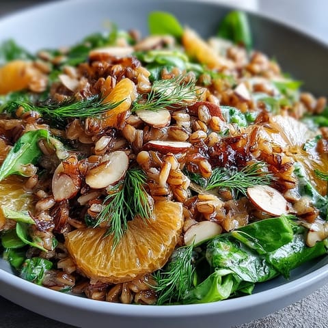 A bowl of Farro Salad With Fennel, Oranges, and Almonds, showcasing toasted almonds and vibrant citrus segments on a rustic wooden table.