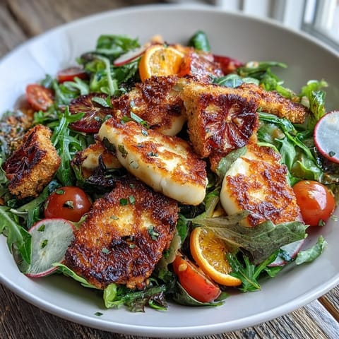 Golden-fried halloumi and blood orange slices rest on a bed of mixed greens, cucumber, and radishes, garnished with sourdough croutons and a sumac vinaigrette.  