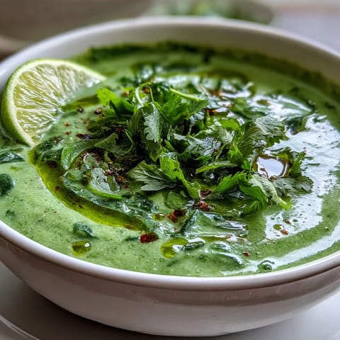 Vibrant, creamy Spinach Coriander Lemongrass Soup with coconut milk, fresh herbs, and lime, served in a rustic bowl.
