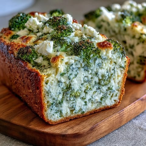 A freshly baked Broccoli and Feta Loaf with golden edges, revealing moist crumb and green broccoli bits.
