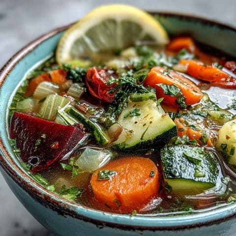 A steaming bowl of Rainbow Vegetable Detox Soup, featuring vibrant red beets and orange carrots in a clear broth.