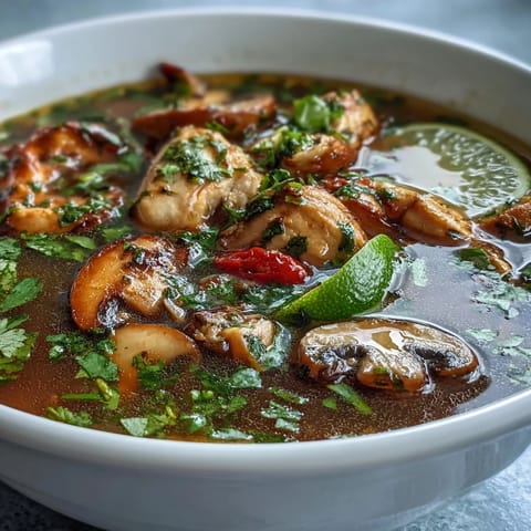 Steam rises from a pot of Tom Yum Chicken soup, garnished with fresh cilantro and spring onions, alongside lime wedges and a bowl of jasmine rice.