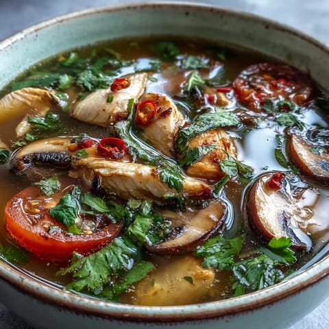 Bright red broth of Tom Yum Gai featuring tomato wedges, onion slices, and fresh cilantro.