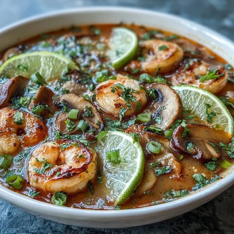 Creamy Thai Coconut Shrimp Soup in a white bowl, garnished with cilantro and lime wedges for a bright, tangy finish.