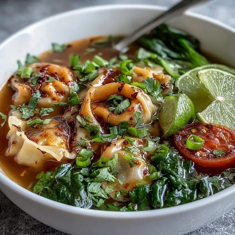 Steaming Tom Yum Wonton Soup with wontons, mushrooms, bok choy, and chili oil in a rustic bowl.