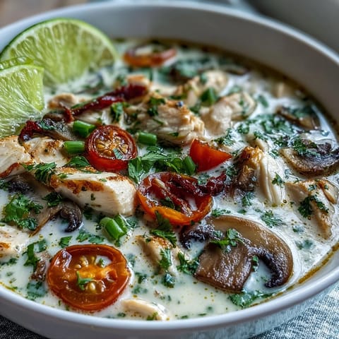 Hearty Best Ever Tom Kha Gai Soup features plump mushrooms and cherry tomatoes in a spicy, aromatic coconut broth ready to serve.  