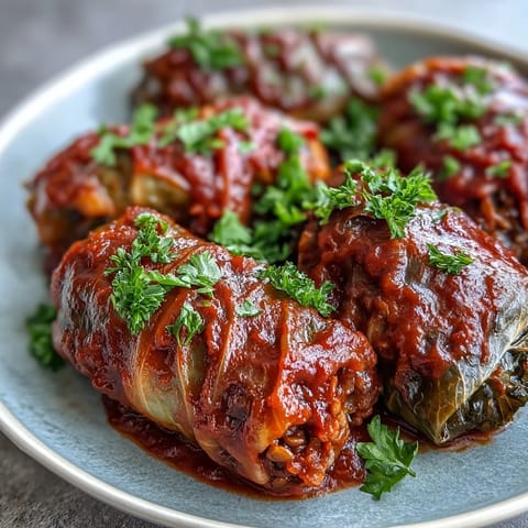 Golden-brown Baked Vegan Cabbage Rolls fresh from the oven, smothered in rich tomato sauce and fresh parsley.