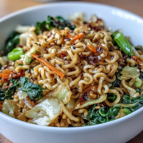 A serving bowl of Fried Cabbage Ramen topped with julienned carrots and optional chili flakes, perfect for a quick weeknight meal.
