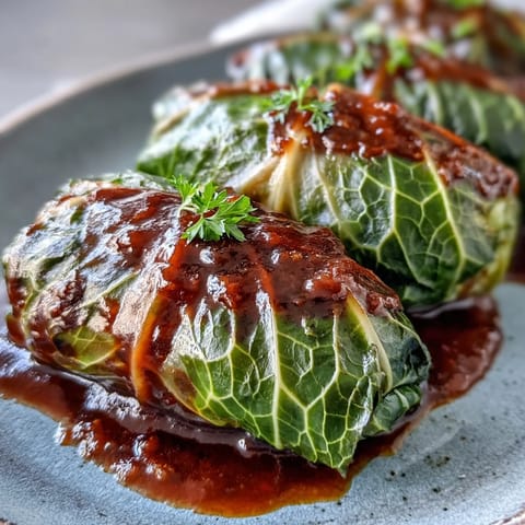 Tender cabbage rolls baked in a rich, savory tomato sauce, served hot from the oven on a rustic plate.
