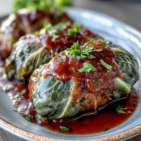 A close-up of golden baked cabbage rolls, generously topped with a hearty tomato sauce and fresh parsley garnish.