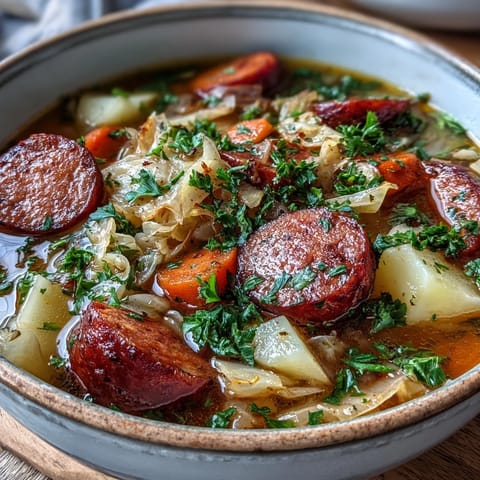 A hearty ladle of Sausage, Potato and Cabbage Soup topped with fresh parsley, served alongside a slice of crusty bread and a dollop of sour cream.