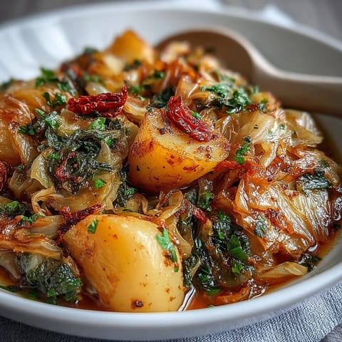 Steaming bowl of Braised Cabbage With Potatoes and Chili, garnished with fresh parsley and lemon wedges, ready to serve as a cozy main dish.