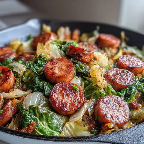 A finished serving of Smothered Cabbage With Sausage Skillet garnished with parsley alongside mashed potatoes.