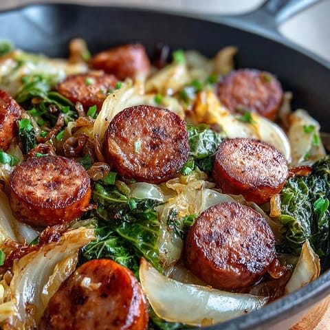 Sizzling smoked sausage and tender green cabbage cook down in a skillet with onions for a rustic Southern meal.