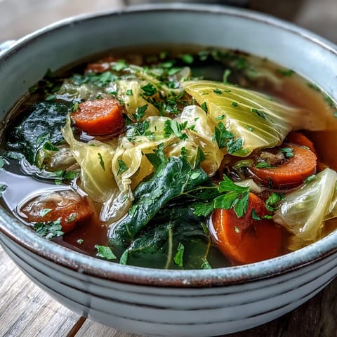 A steaming bowl of Classic Cabbage Soup with tender vegetables in a rich tomato broth.