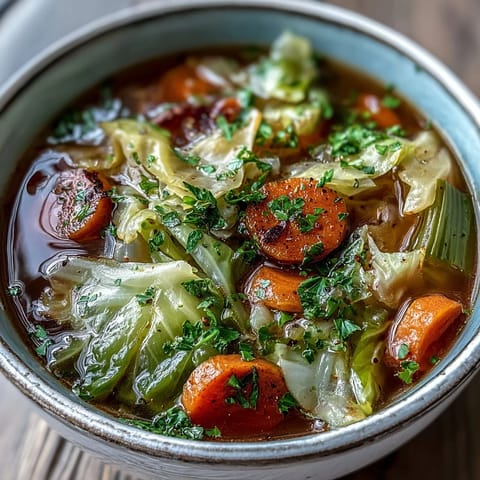 Classic Cabbage Soup simmering in a pot with carrots and celery, ready to serve.