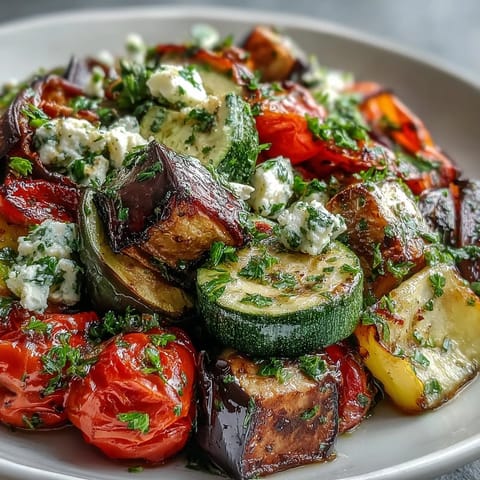 Roasted Mediterranean Greek Vegetables, caramelized and served warm with crumbled feta and fresh parsley.