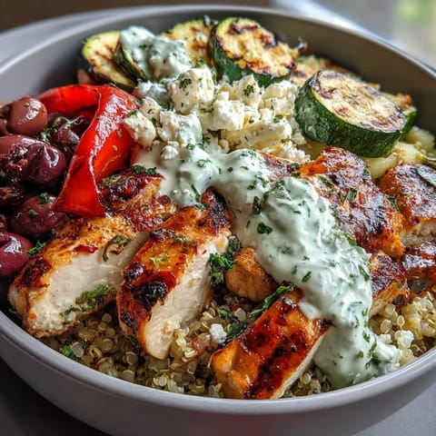 Golden grilled zucchini, bell peppers, and eggplant mingle with juicy chicken atop fluffy quinoa in this Healthy Grilled Mediterranean Bowl, finished with creamy tzatziki and feta.
