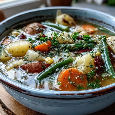 Cozy bowl of Amish Snow Day Soup featuring potatoes, corn, and green beans in a velvety cream broth with thyme.