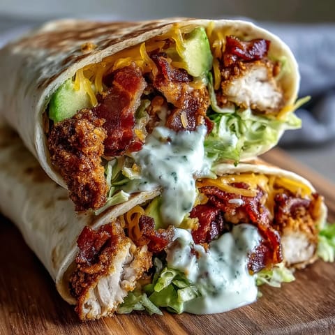 Golden-brown seared chicken and crispy bacon fill a toasted tortilla with melted cheddar in a Crispy Chicken Bacon Wrap.