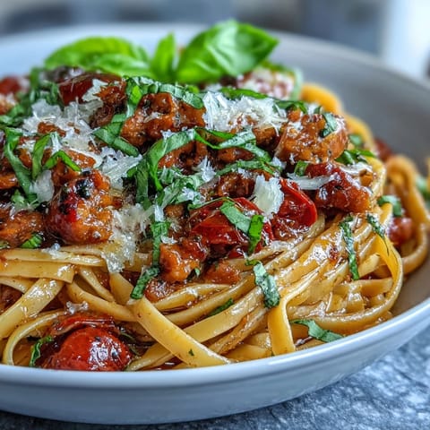 Italian Drunken Noodles feature spaghetti in a rich Chianti tomato sauce with spicy sausage, cherry tomatoes, and fresh basil leaves.