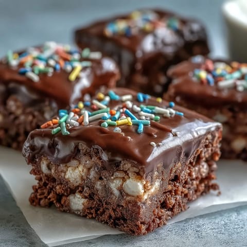 A hand lifts a square of Chocolate Covered Rice Krispy Treats, showing a clean cut through the crispy cereal and gooey marshmallow layers.
