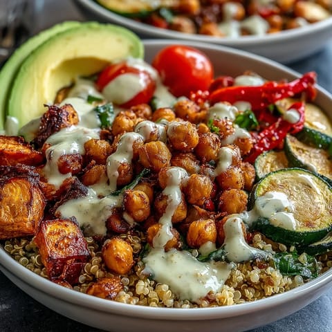 Golden roasted vegetables and spiced chickpeas fill this vibrant Chickpea Power Bowl, drizzled with creamy tahini sauce.