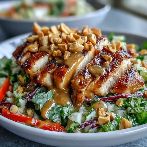 Golden-baked chicken slices rest on fluffy brown rice, topped with crisp carrots, red bell peppers, and purple cabbage in this vibrant Peanut Chicken Power Bowl.