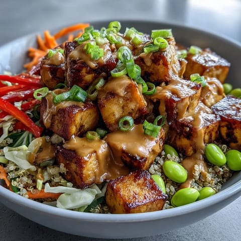 A spoonful of creamy peanut sauce drizzled over colorful edamame, shredded cabbage, and julienned carrots for a crunchy bite.