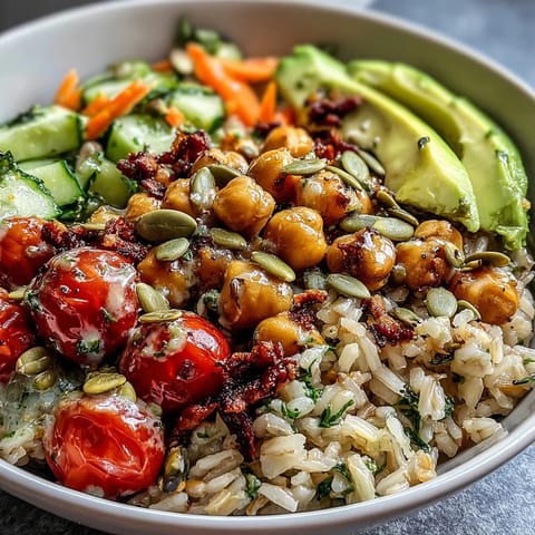 A vibrant Simple Grain Bowl topped with chickpeas, avocado, tomatoes, and feta on a rustic table.