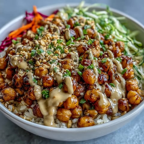 A close-up view of a freshly assembled Peanut Chickpea Protein Bowl, garnished with chopped peanuts and fresh cilantro for a satisfying lunch.
