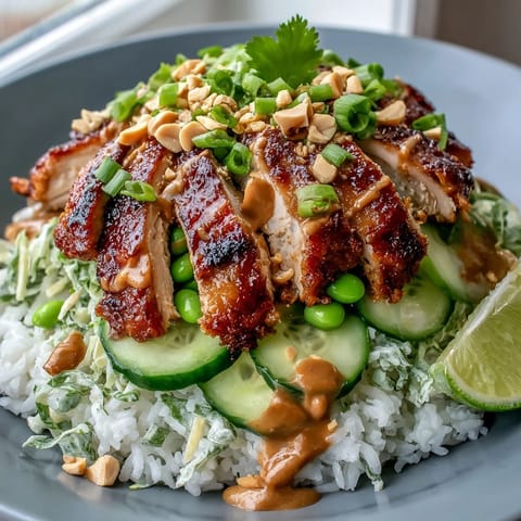 Fluffy coconut rice topped with grilled chicken slices, shredded carrots, and crisp red cabbage in a white bowl.