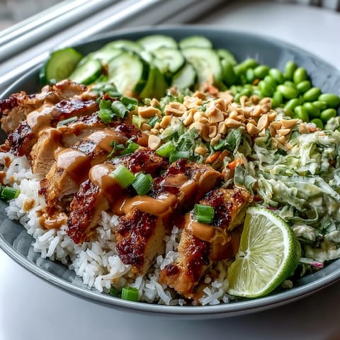 A fork lifts tender chicken from a Coconut Rice Peanut Bowl, drizzled with creamy peanut sauce and garnished with peanuts.