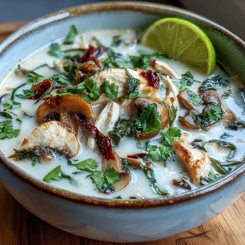 Aromatic bowl of Tom Kha soup garnished with cilantro and served hot.